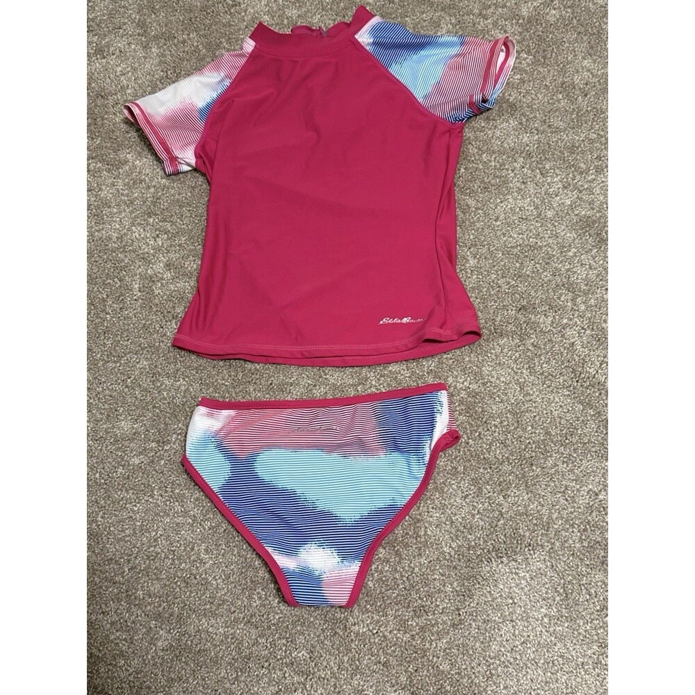 Eddie Bauer Girls Swimsuit Set Short Sleeve Rash Guard Bikini Bottoms Size 7/8